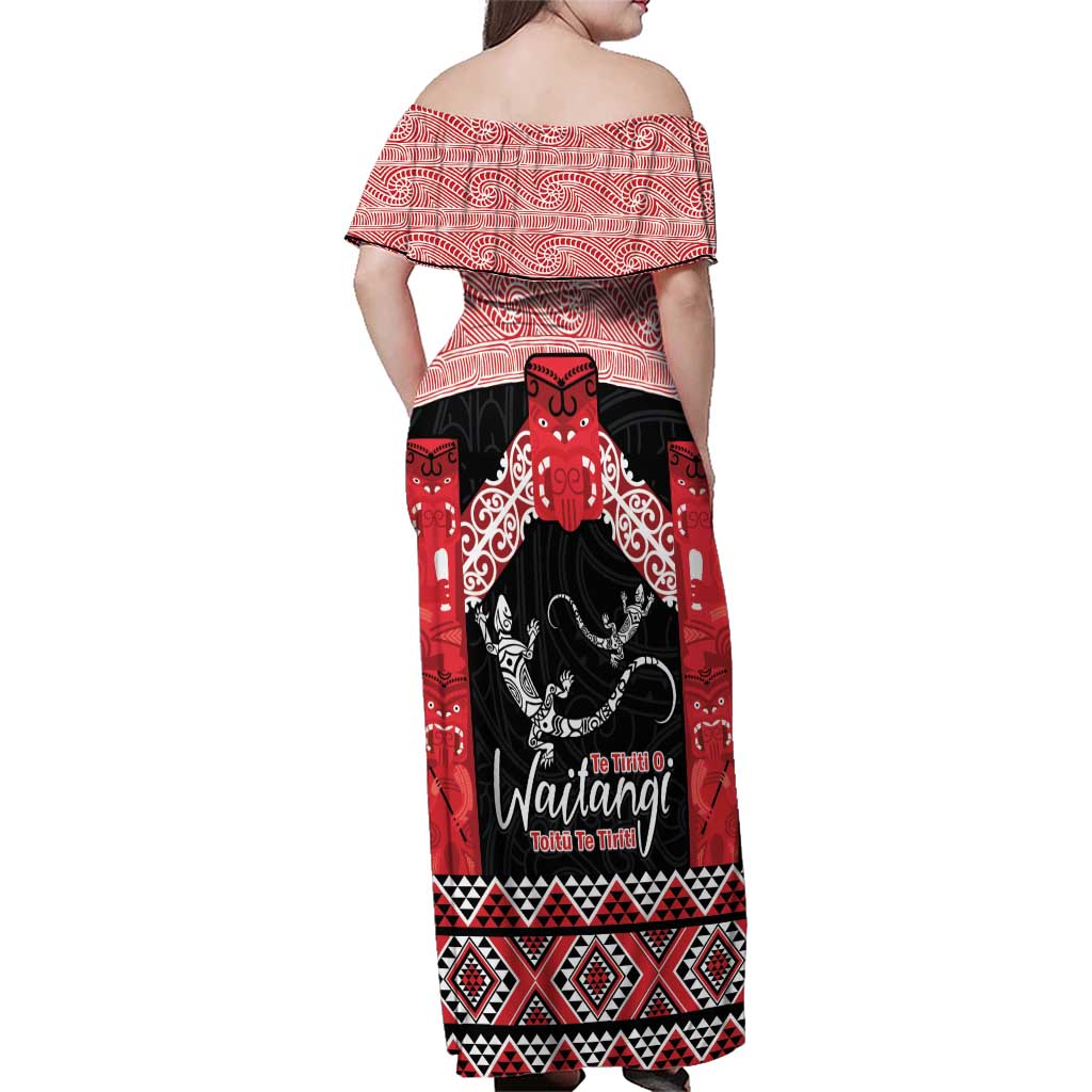 Toitu Te Tiriti O Waitangi Family Matching Off Shoulder Maxi Dress and Hawaiian Shirt Maori Wharenui With Taniko Motifs