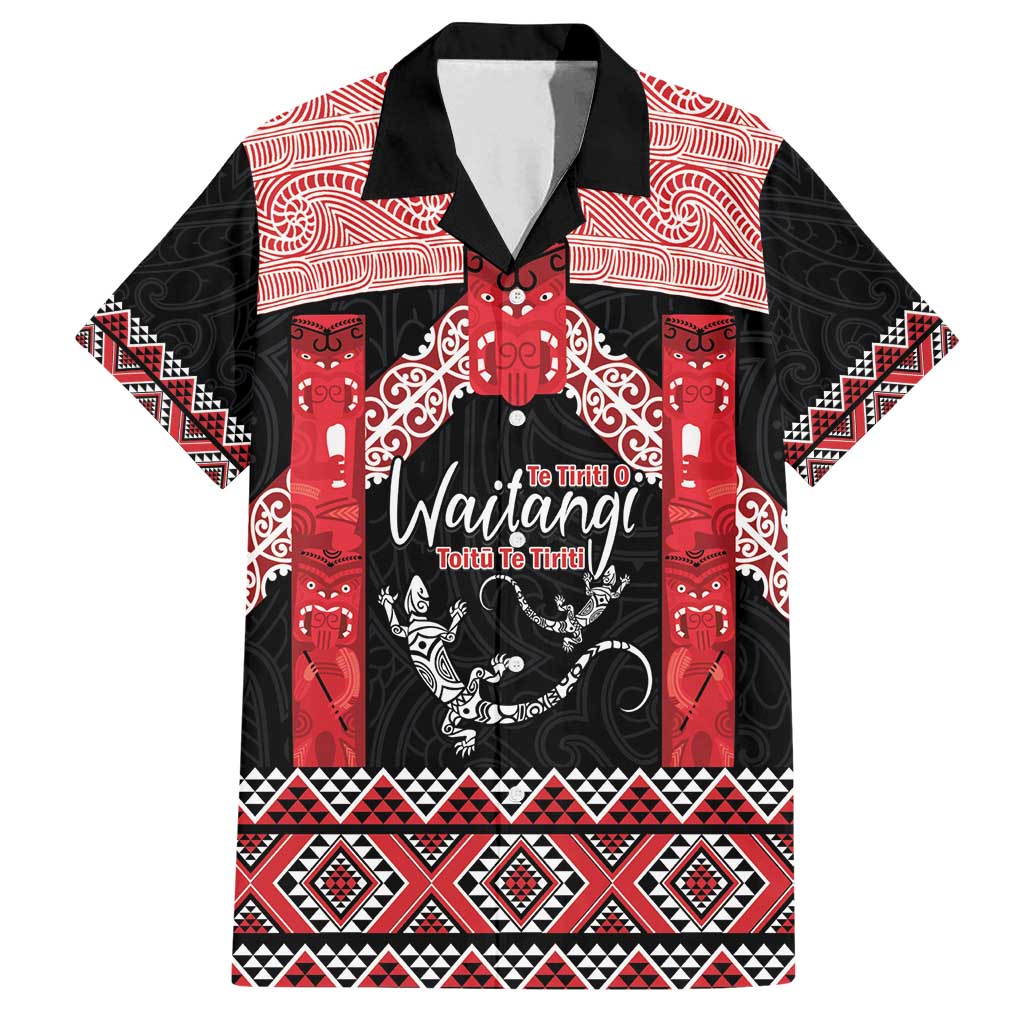 Toitu Te Tiriti O Waitangi Family Matching Off Shoulder Short Dress and Hawaiian Shirt Maori Wharenui With Taniko Motifs