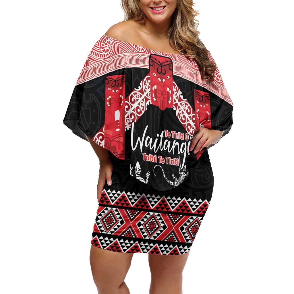 Toitu Te Tiriti O Waitangi Family Matching Off Shoulder Short Dress and Hawaiian Shirt Maori Wharenui With Taniko Motifs