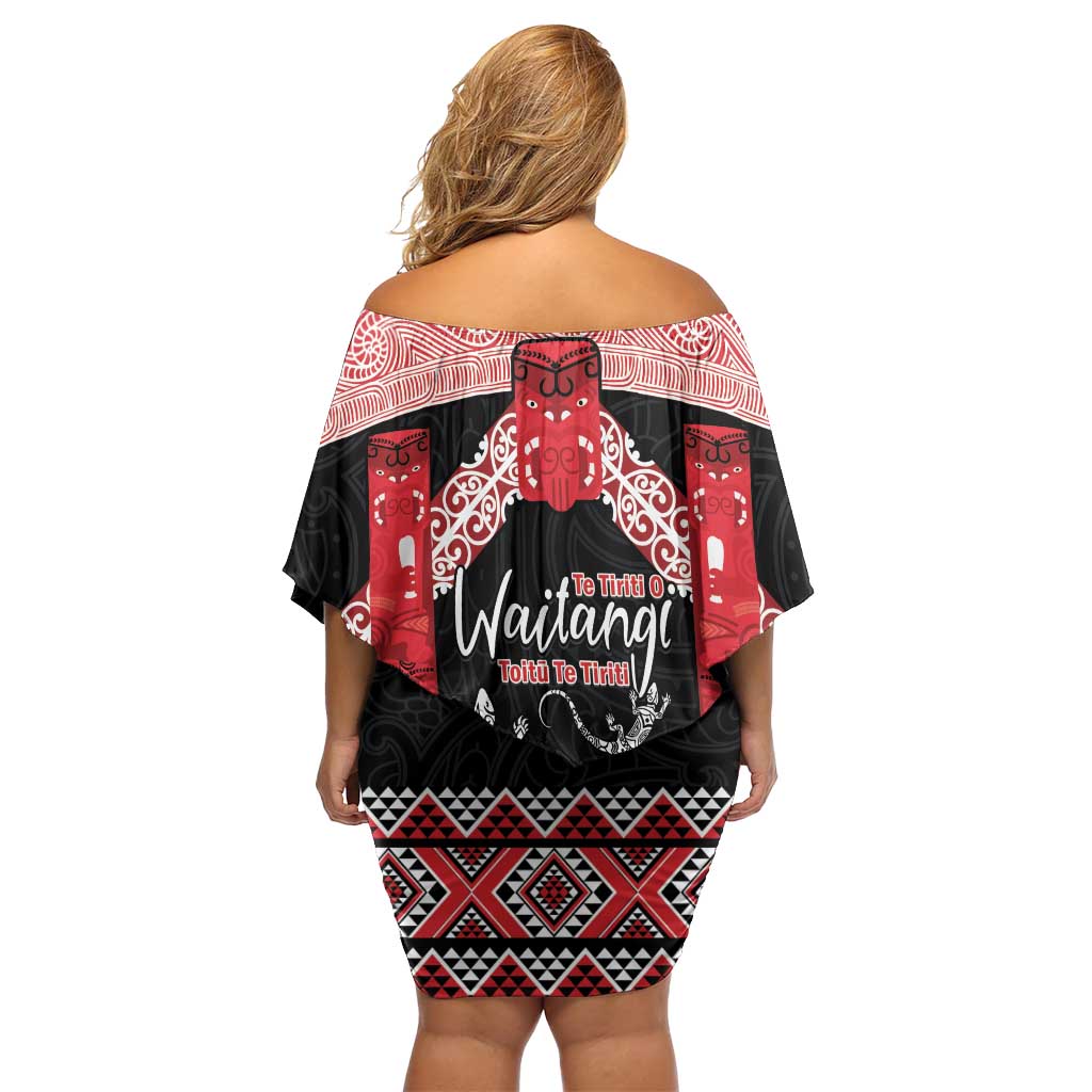 Toitu Te Tiriti O Waitangi Family Matching Off Shoulder Short Dress and Hawaiian Shirt Maori Wharenui With Taniko Motifs