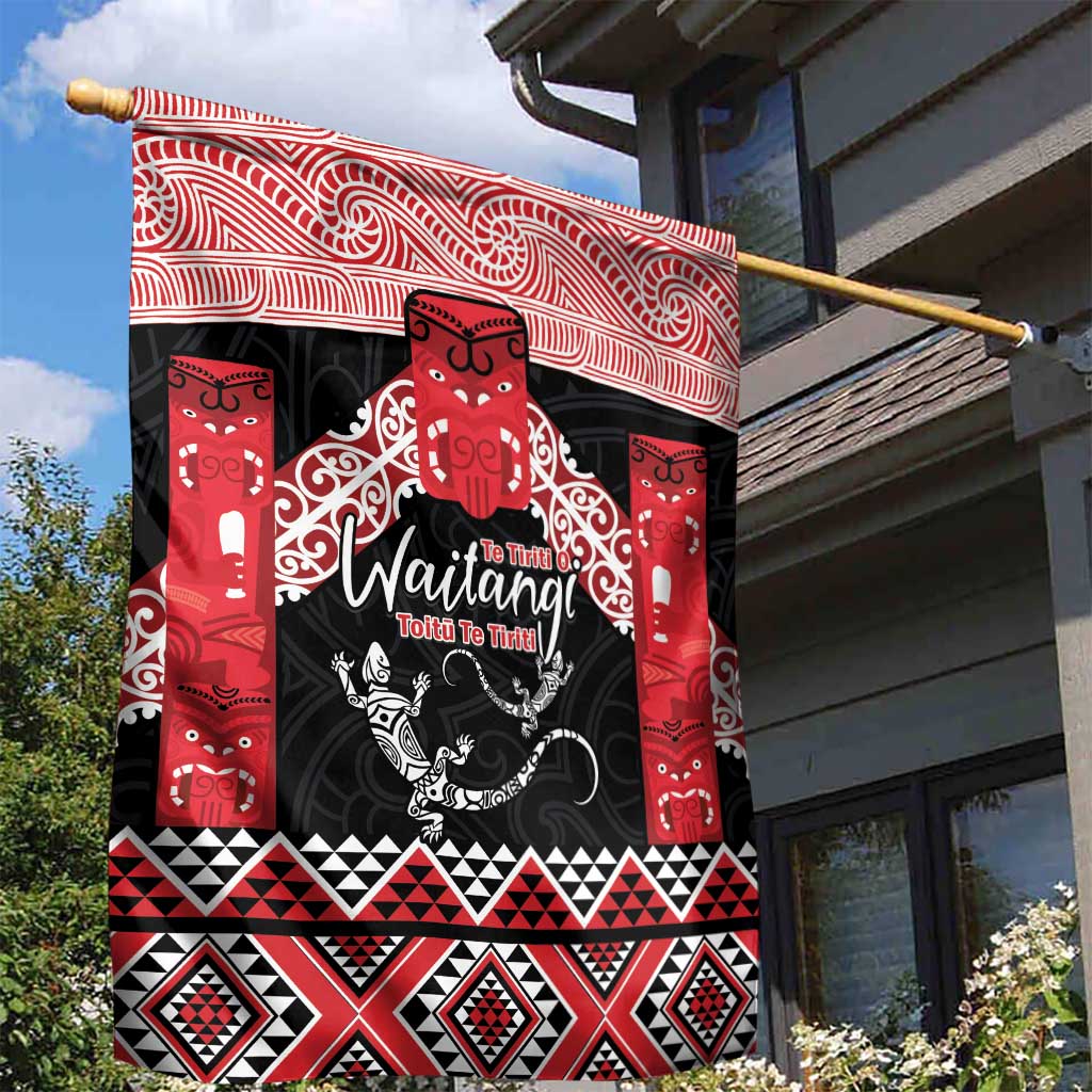 Toitu Te Tiriti O Waitangi Garden Flag Maori Wharenui With Taniko Motifs - Vibe Hoodie Shop