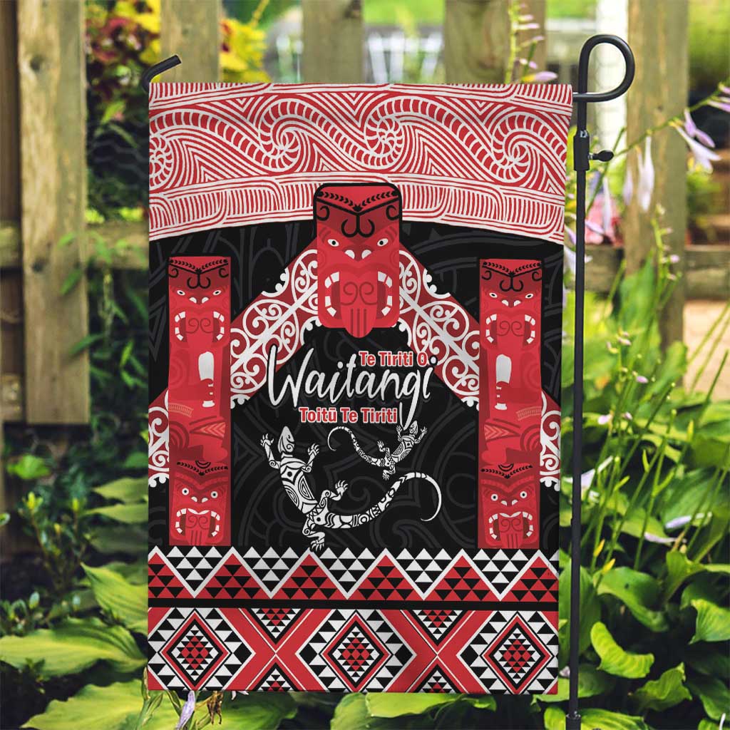 Toitu Te Tiriti O Waitangi Garden Flag Maori Wharenui With Taniko Motifs - Vibe Hoodie Shop