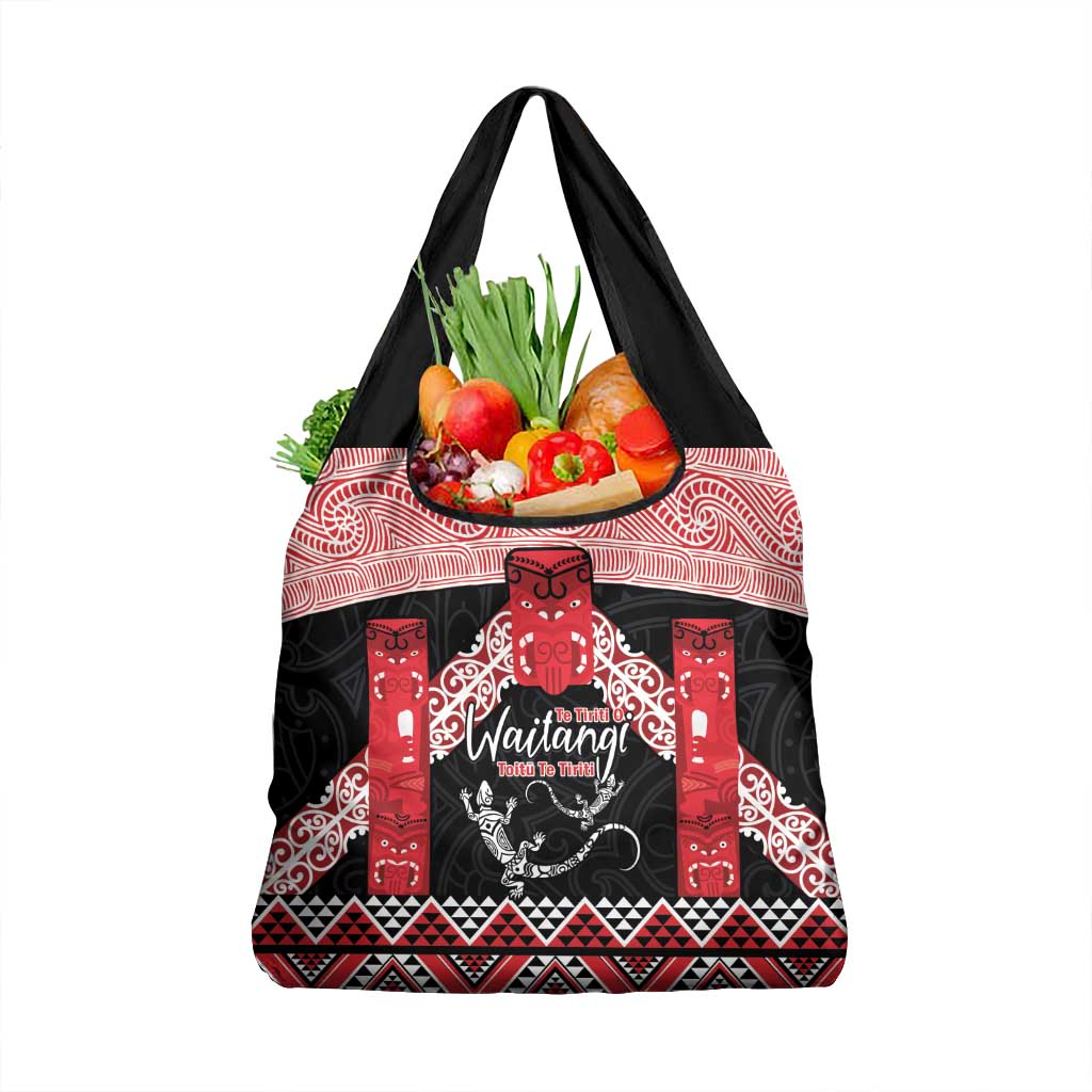 Toitu Te Tiriti O Waitangi Grocery Bag Maori Wharenui With Taniko Motifs