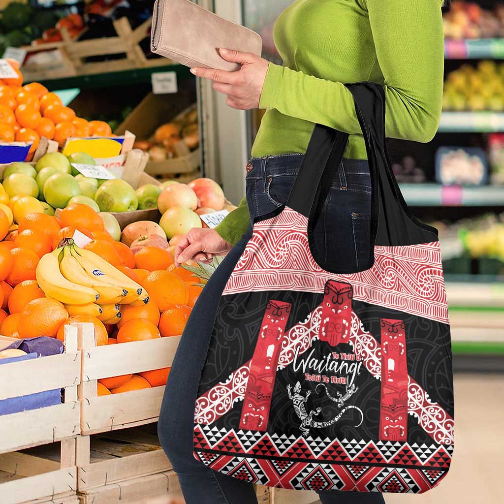 Toitu Te Tiriti O Waitangi Grocery Bag Maori Wharenui With Taniko Motifs