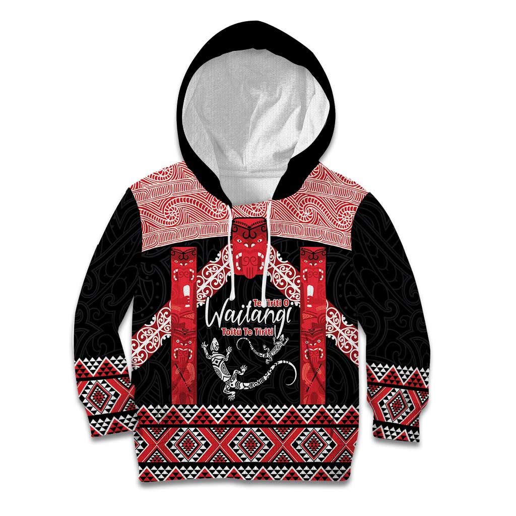 Toitu Te Tiriti O Waitangi Kid Hoodie Maori Wharenui With Taniko Motifs - Vibe Hoodie Shop