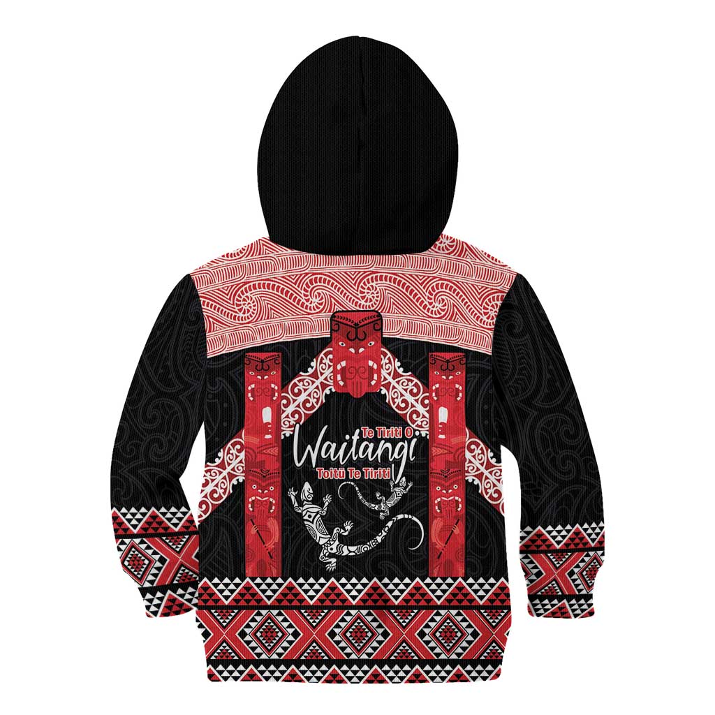 Toitu Te Tiriti O Waitangi Kid Hoodie Maori Wharenui With Taniko Motifs - Vibe Hoodie Shop