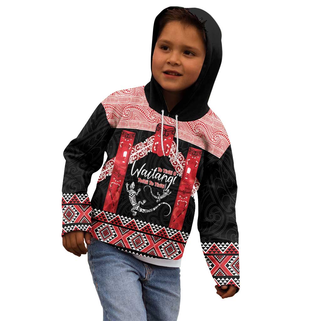 Toitu Te Tiriti O Waitangi Kid Hoodie Maori Wharenui With Taniko Motifs - Vibe Hoodie Shop