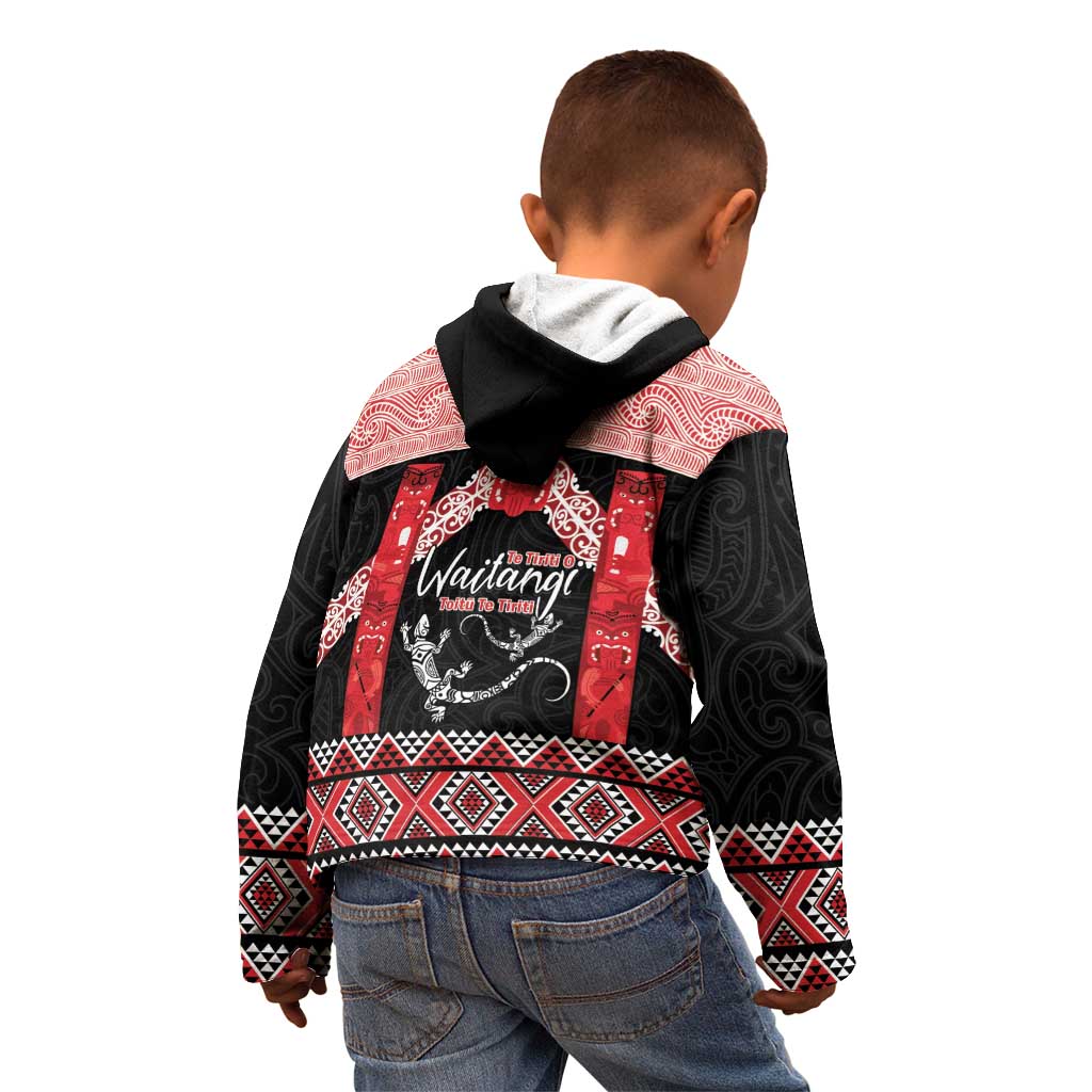 Toitu Te Tiriti O Waitangi Kid Hoodie Maori Wharenui With Taniko Motifs - Vibe Hoodie Shop