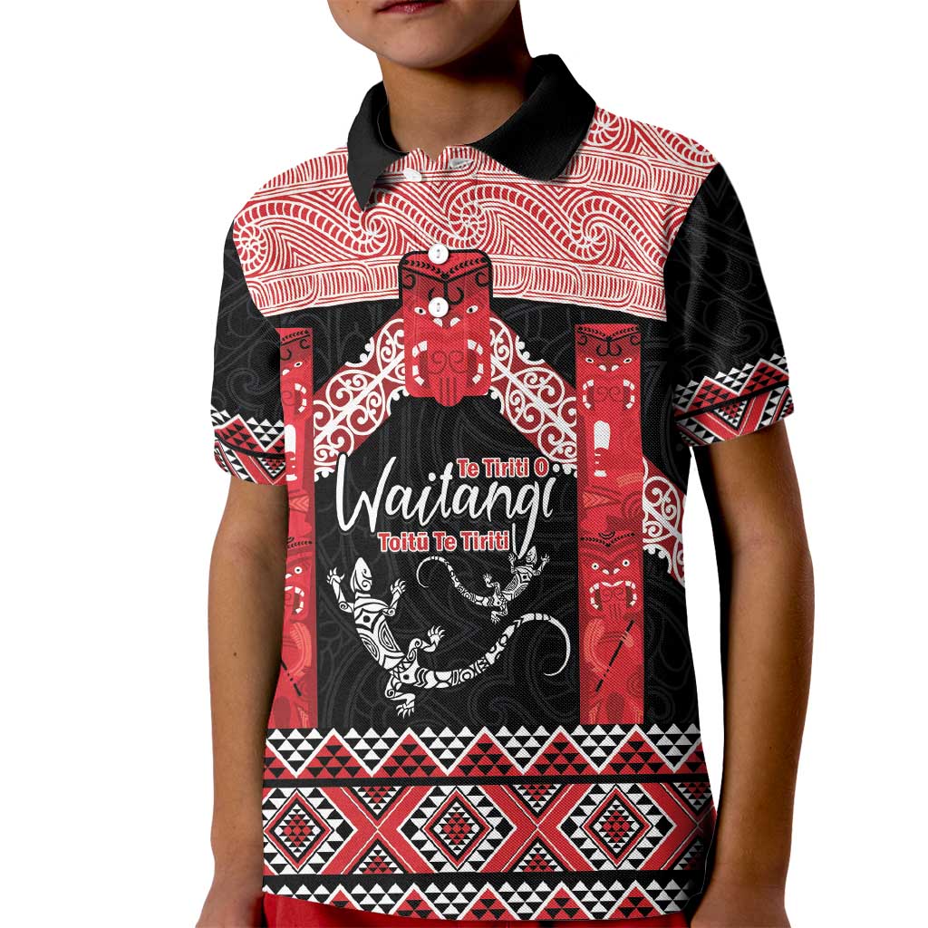 Toitu Te Tiriti O Waitangi Kid Polo Shirt Maori Wharenui With Taniko Motifs - Vibe Hoodie Shop