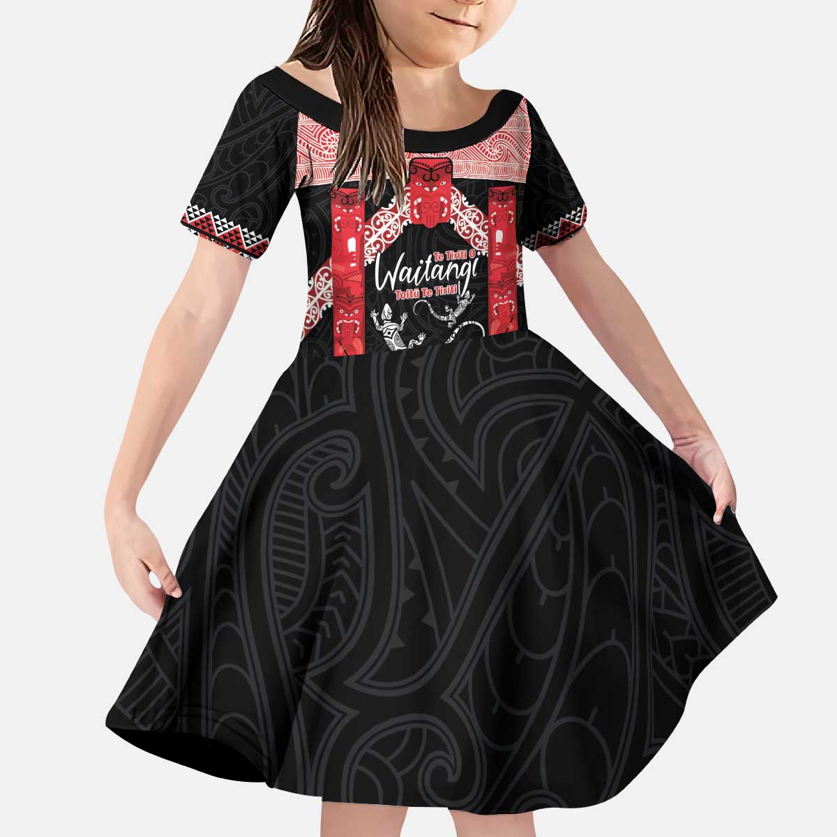 Toitu Te Tiriti O Waitangi Kid Short Sleeve Dress Maori Wharenui With Taniko Motifs - Vibe Hoodie Shop