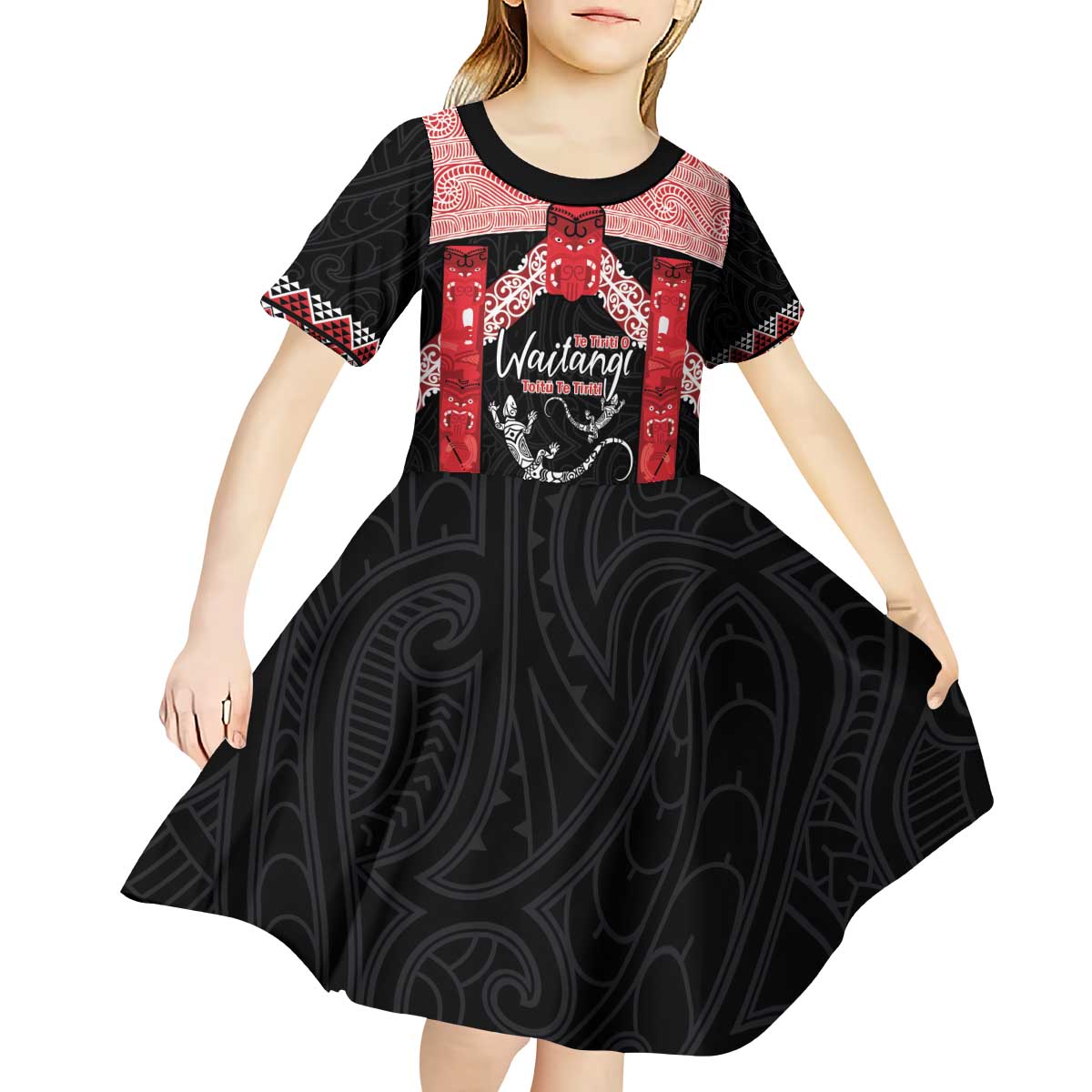 Toitu Te Tiriti O Waitangi Kid Short Sleeve Dress Maori Wharenui With Taniko Motifs - Vibe Hoodie Shop