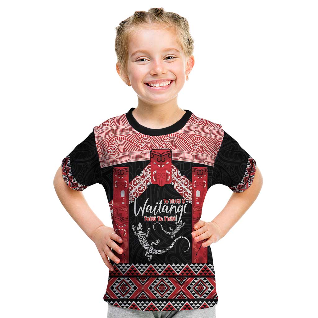 Toitu Te Tiriti O Waitangi Kid T Shirt Maori Wharenui With Taniko Motifs - Vibe Hoodie Shop