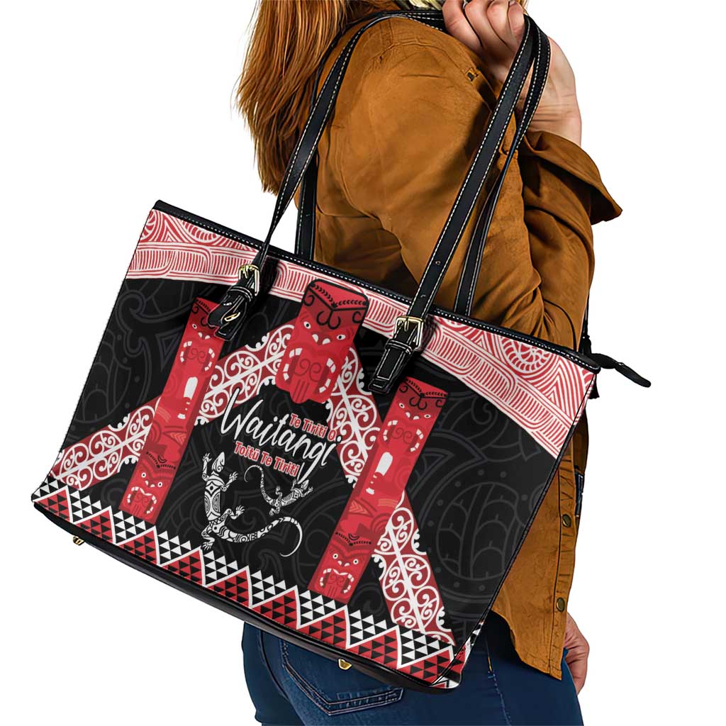 Toitu Te Tiriti O Waitangi Leather Tote Bag Maori Wharenui With Taniko Motifs