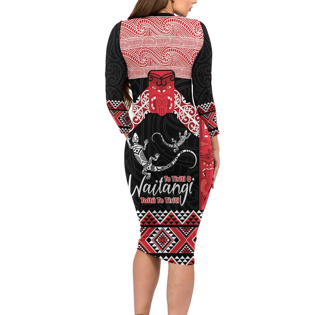 Toitu Te Tiriti O Waitangi Long Sleeve Bodycon Dress Maori Wharenui With Taniko Motifs