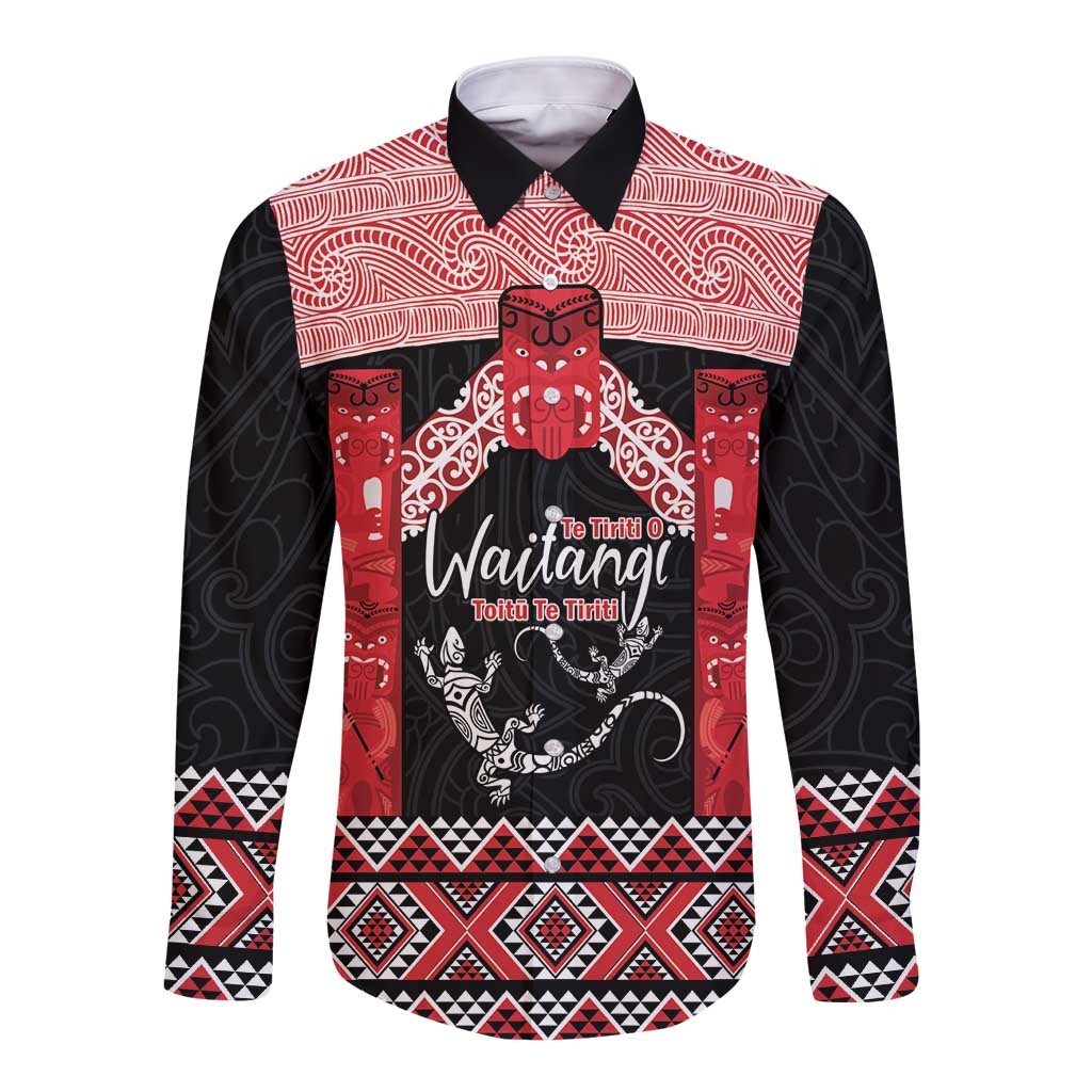 Toitu Te Tiriti O Waitangi Long Sleeve Button Shirt Maori Wharenui With Taniko Motifs - Vibe Hoodie Shop