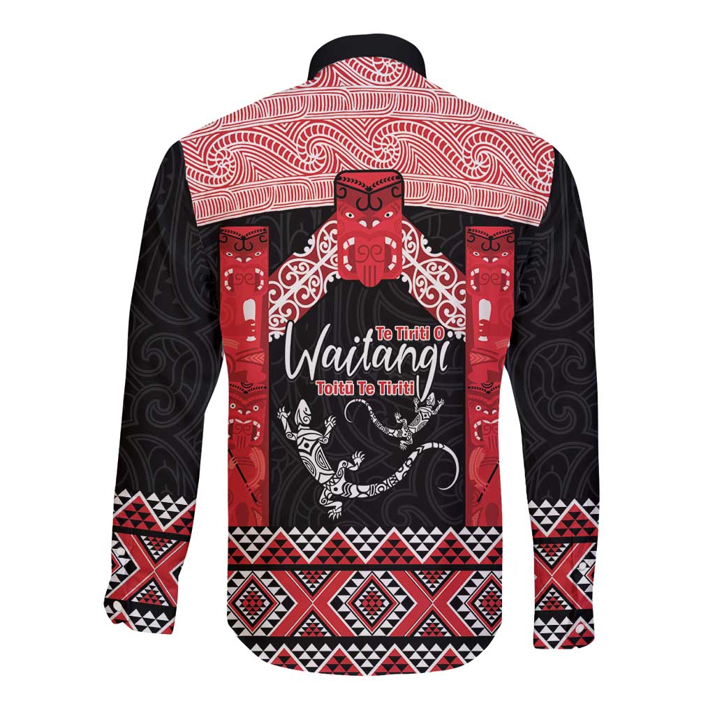 Toitu Te Tiriti O Waitangi Long Sleeve Button Shirt Maori Wharenui With Taniko Motifs - Vibe Hoodie Shop