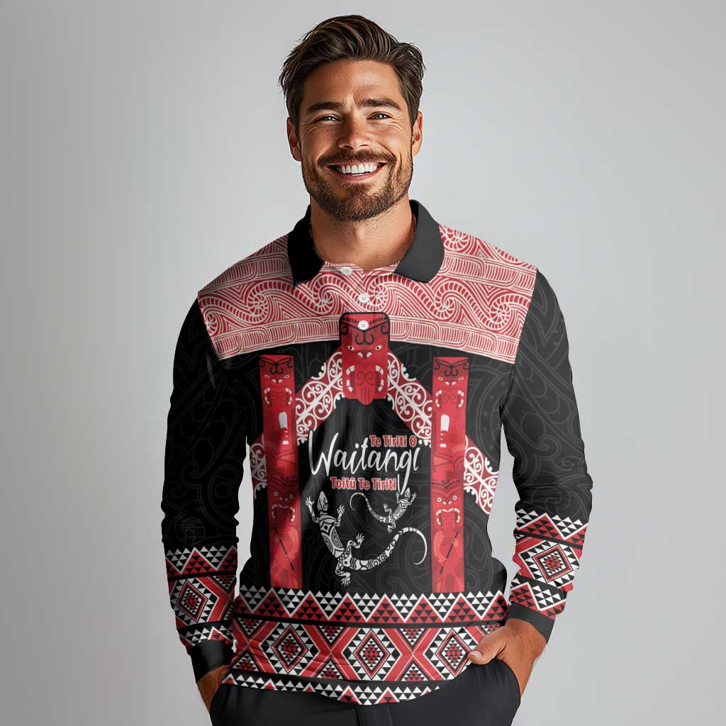 Toitu Te Tiriti O Waitangi Long Sleeve Polo Shirt Maori Wharenui With Taniko Motifs