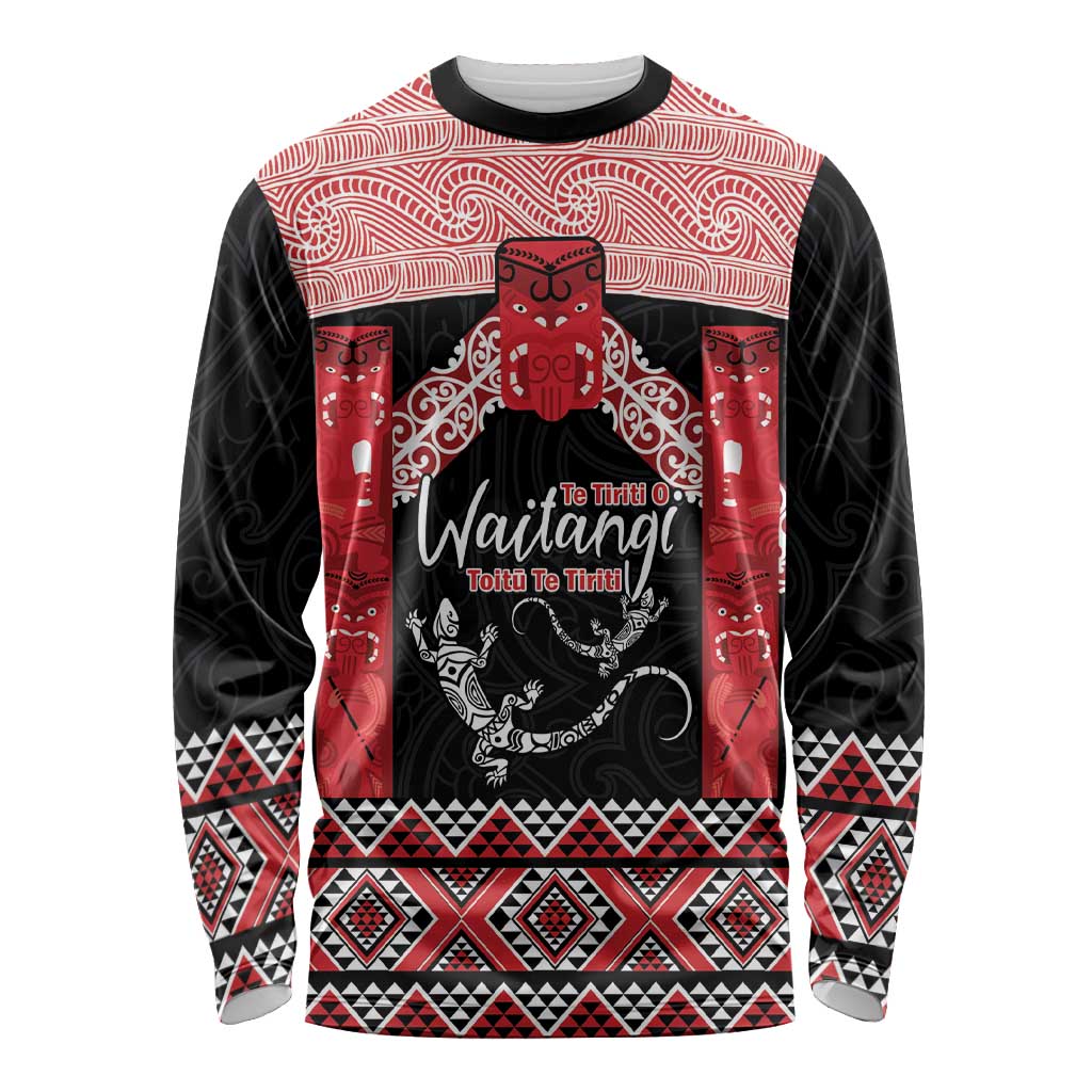 Toitu Te Tiriti O Waitangi Long Sleeve Shirt Maori Wharenui With Taniko Motifs - Vibe Hoodie Shop