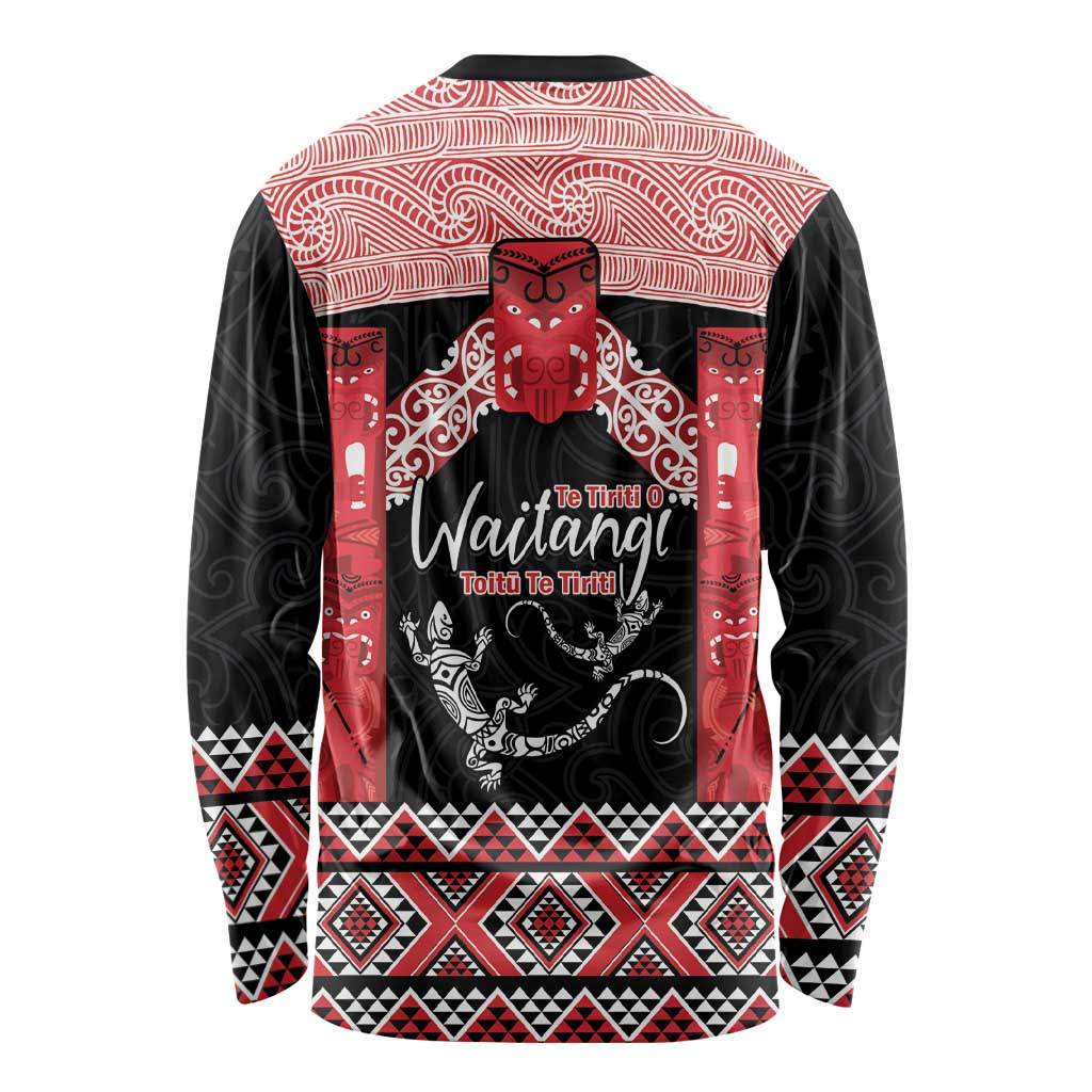 Toitu Te Tiriti O Waitangi Long Sleeve Shirt Maori Wharenui With Taniko Motifs - Vibe Hoodie Shop