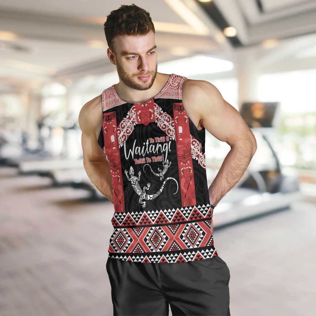 Toitu Te Tiriti O Waitangi Men Tank Top Maori Wharenui With Taniko Motifs - Vibe Hoodie Shop