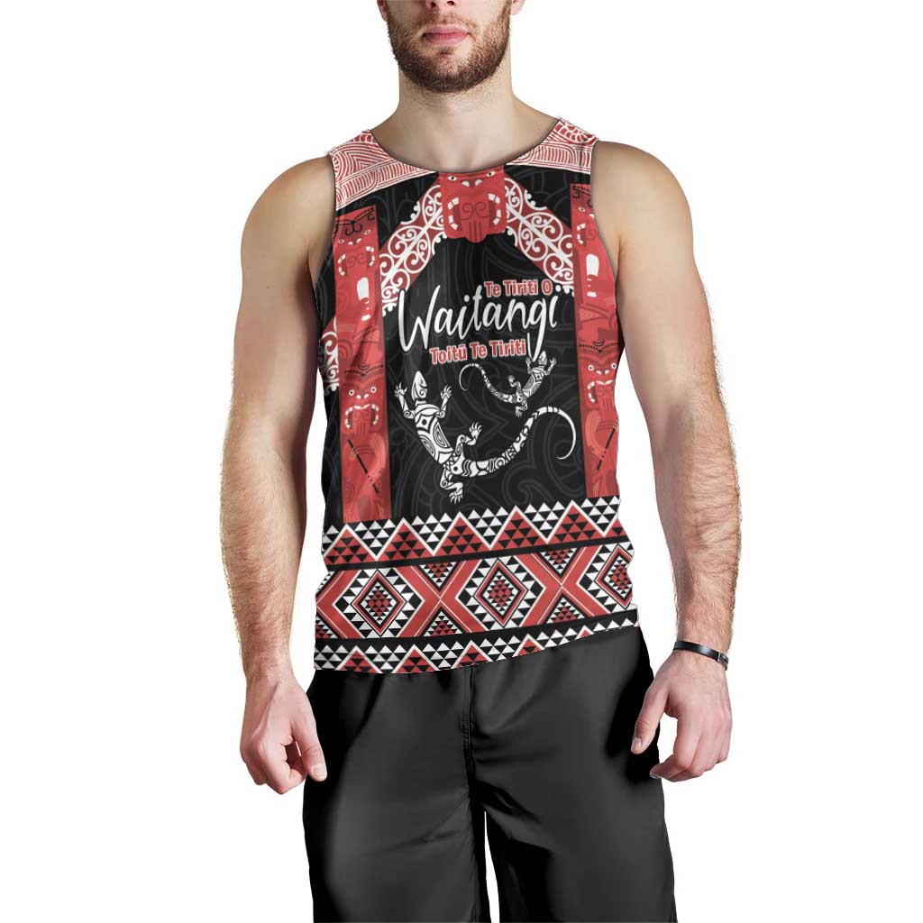 Toitu Te Tiriti O Waitangi Men Tank Top Maori Wharenui With Taniko Motifs - Vibe Hoodie Shop