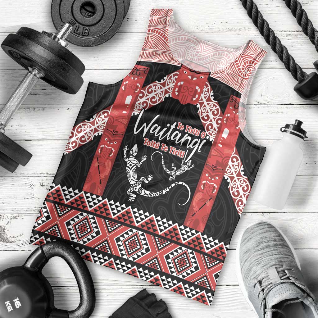 Toitu Te Tiriti O Waitangi Men Tank Top Maori Wharenui With Taniko Motifs - Vibe Hoodie Shop