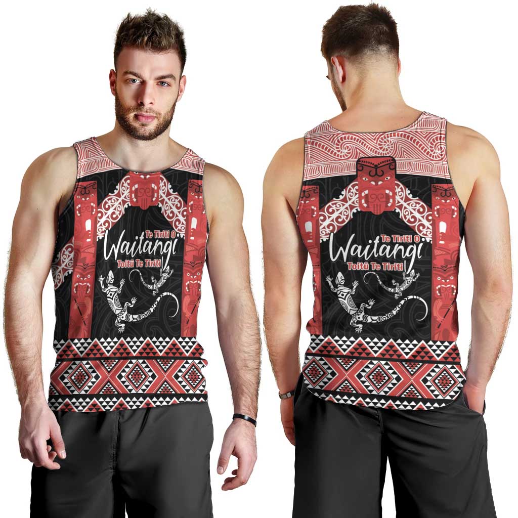 Toitu Te Tiriti O Waitangi Men Tank Top Maori Wharenui With Taniko Motifs - Vibe Hoodie Shop