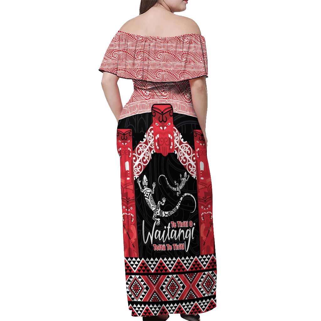 Toitu Te Tiriti O Waitangi Off Shoulder Maxi Dress Maori Wharenui With Taniko Motifs