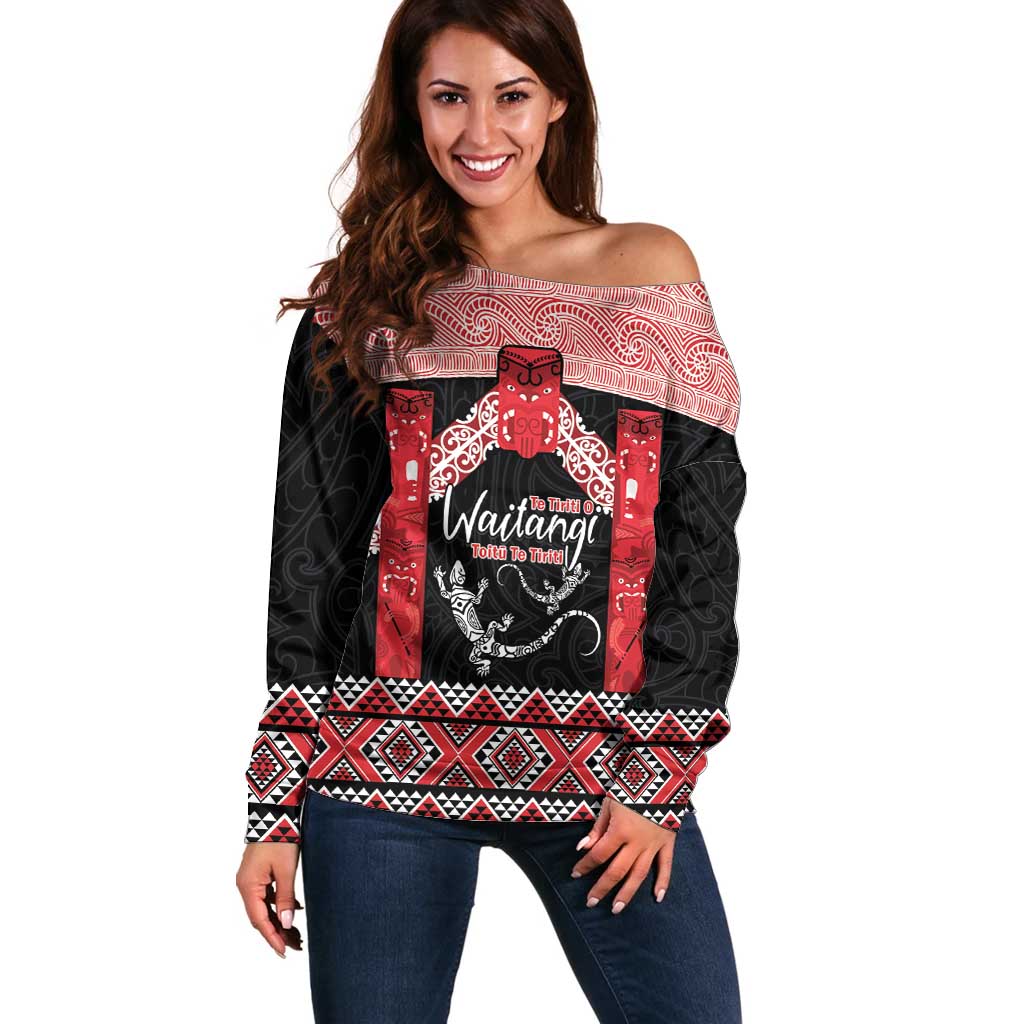 Toitu Te Tiriti O Waitangi Off Shoulder Sweater Maori Wharenui With Taniko Motifs - Vibe Hoodie Shop