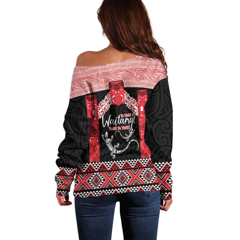 Toitu Te Tiriti O Waitangi Off Shoulder Sweater Maori Wharenui With Taniko Motifs - Vibe Hoodie Shop