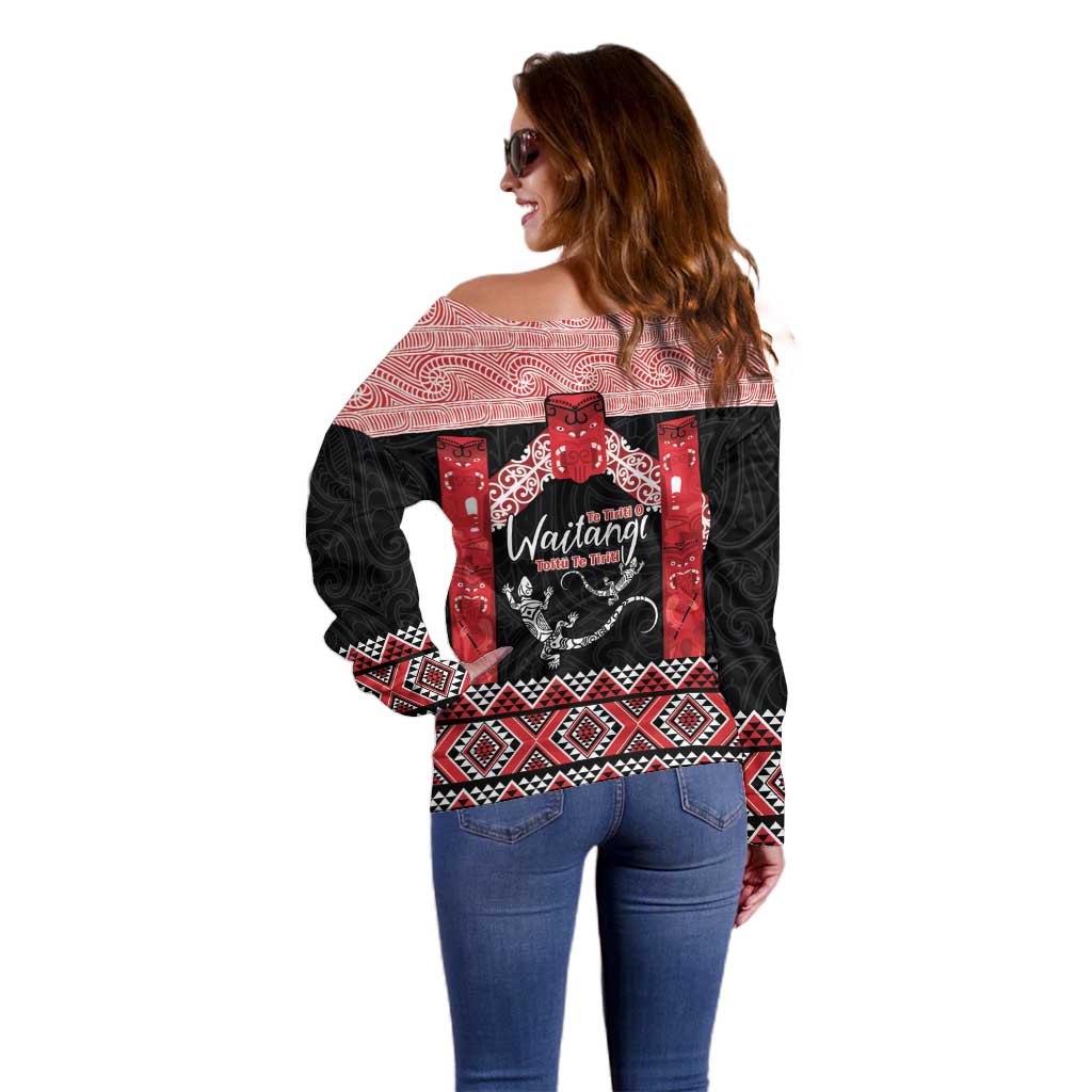 Toitu Te Tiriti O Waitangi Off Shoulder Sweater Maori Wharenui With Taniko Motifs - Vibe Hoodie Shop