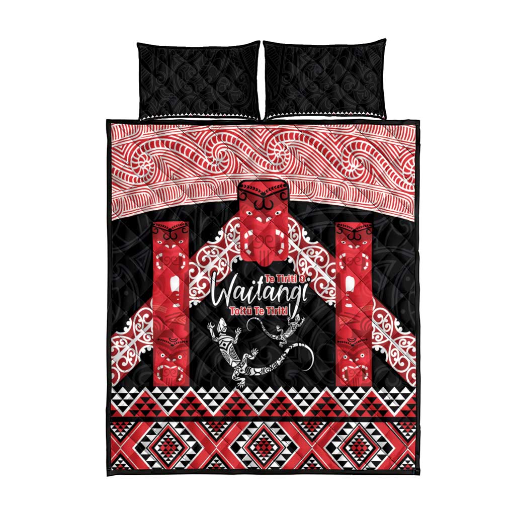 Toitu Te Tiriti O Waitangi Quilt Bed Set Maori Wharenui With Taniko Motifs - Vibe Hoodie Shop