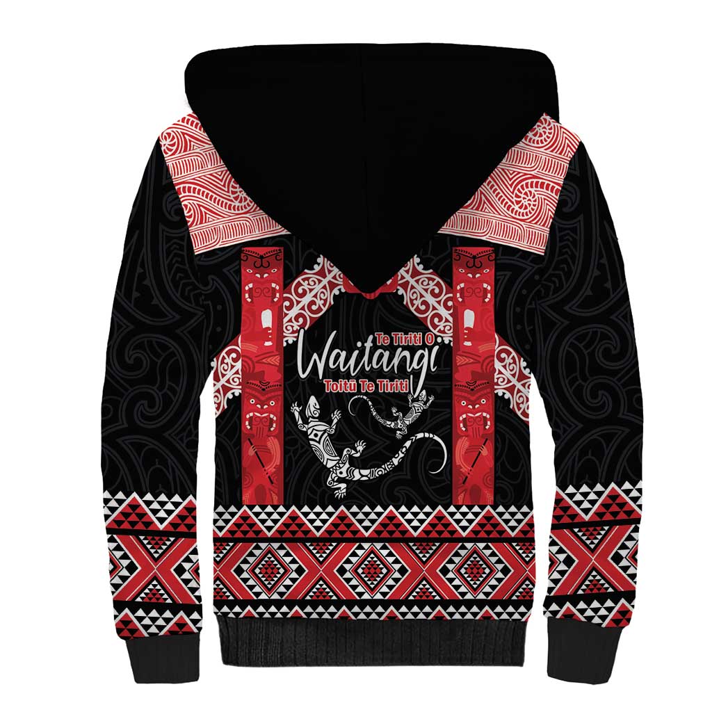 Toitu Te Tiriti O Waitangi Sherpa Hoodie Maori Wharenui With Taniko Motifs - Vibe Hoodie Shop