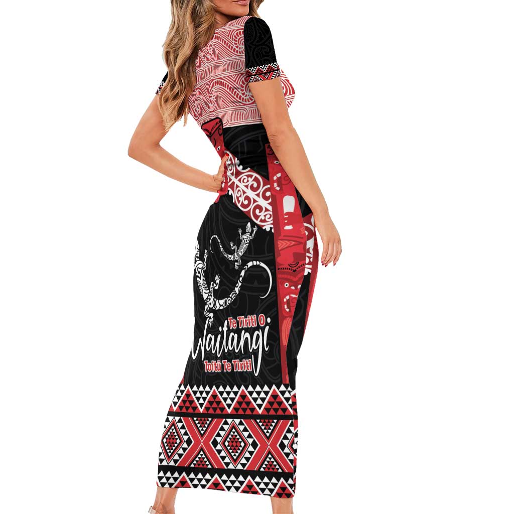 Toitu Te Tiriti O Waitangi Short Sleeve Bodycon Dress Maori Wharenui With Taniko Motifs