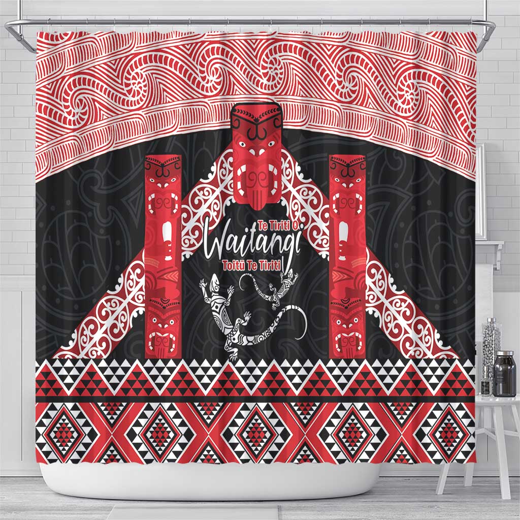 Toitu Te Tiriti O Waitangi Shower Curtain Maori Wharenui With Taniko Motifs