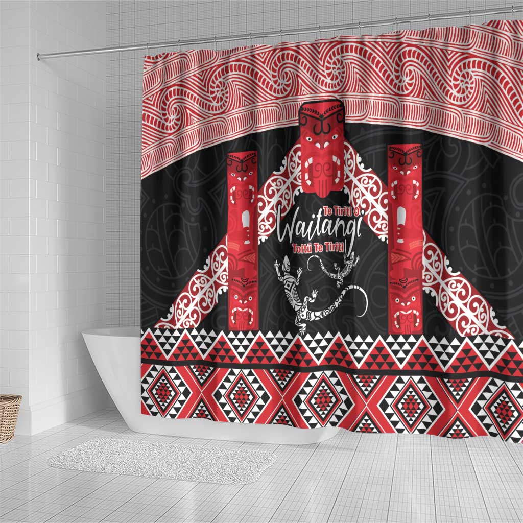 Toitu Te Tiriti O Waitangi Shower Curtain Maori Wharenui With Taniko Motifs