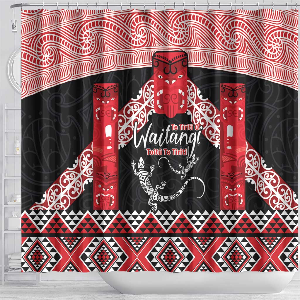 Toitu Te Tiriti O Waitangi Shower Curtain Maori Wharenui With Taniko Motifs