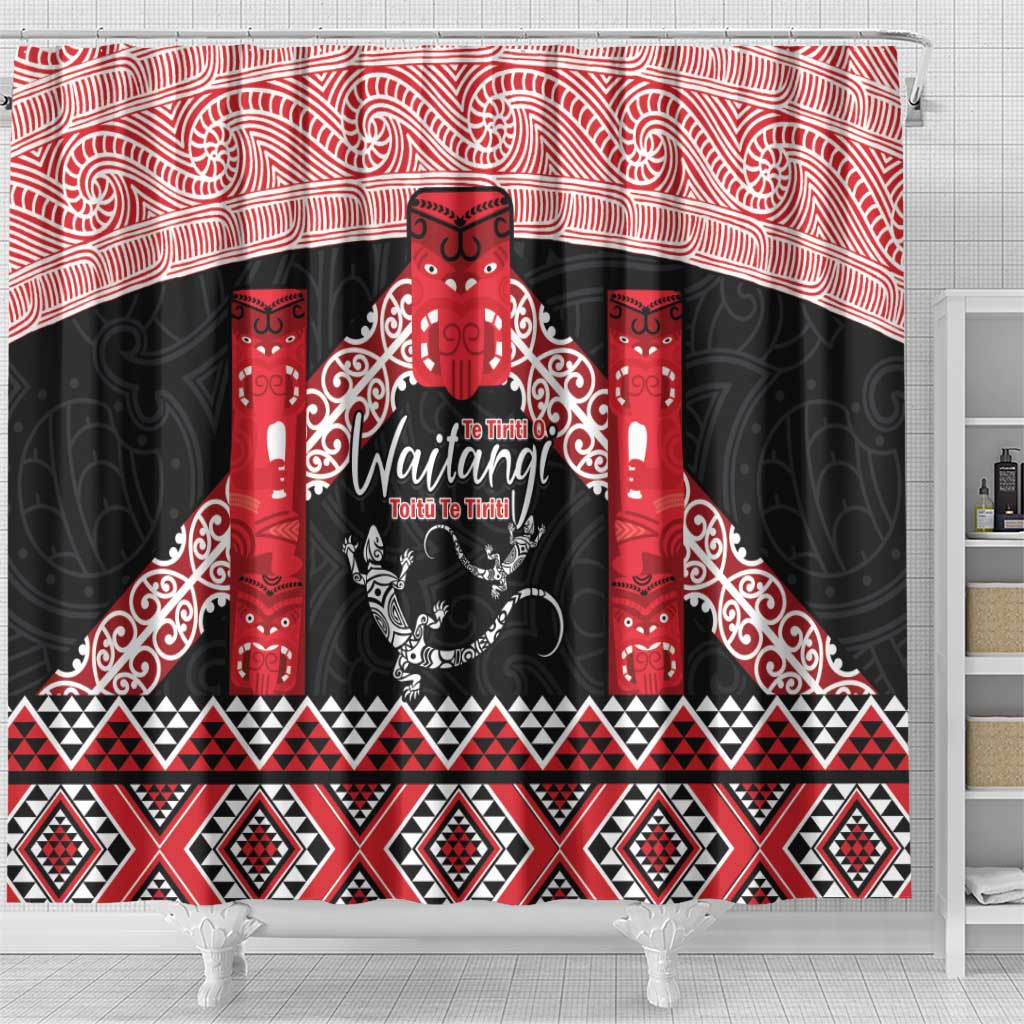 Toitu Te Tiriti O Waitangi Shower Curtain Maori Wharenui With Taniko Motifs