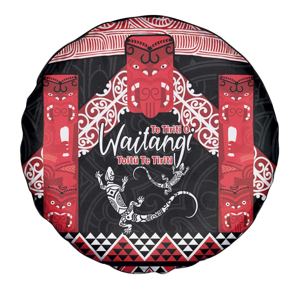 Toitu Te Tiriti O Waitangi Spare Tire Cover Maori Wharenui With Taniko Motifs - Vibe Hoodie Shop