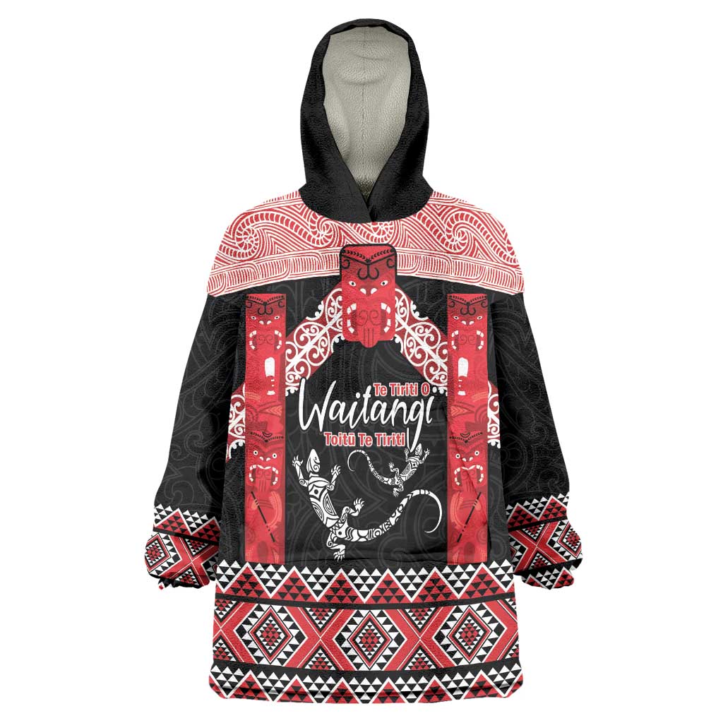 Toitu Te Tiriti O Waitangi Wearable Blanket Hoodie Maori Wharenui With Taniko Motifs - Vibe Hoodie Shop