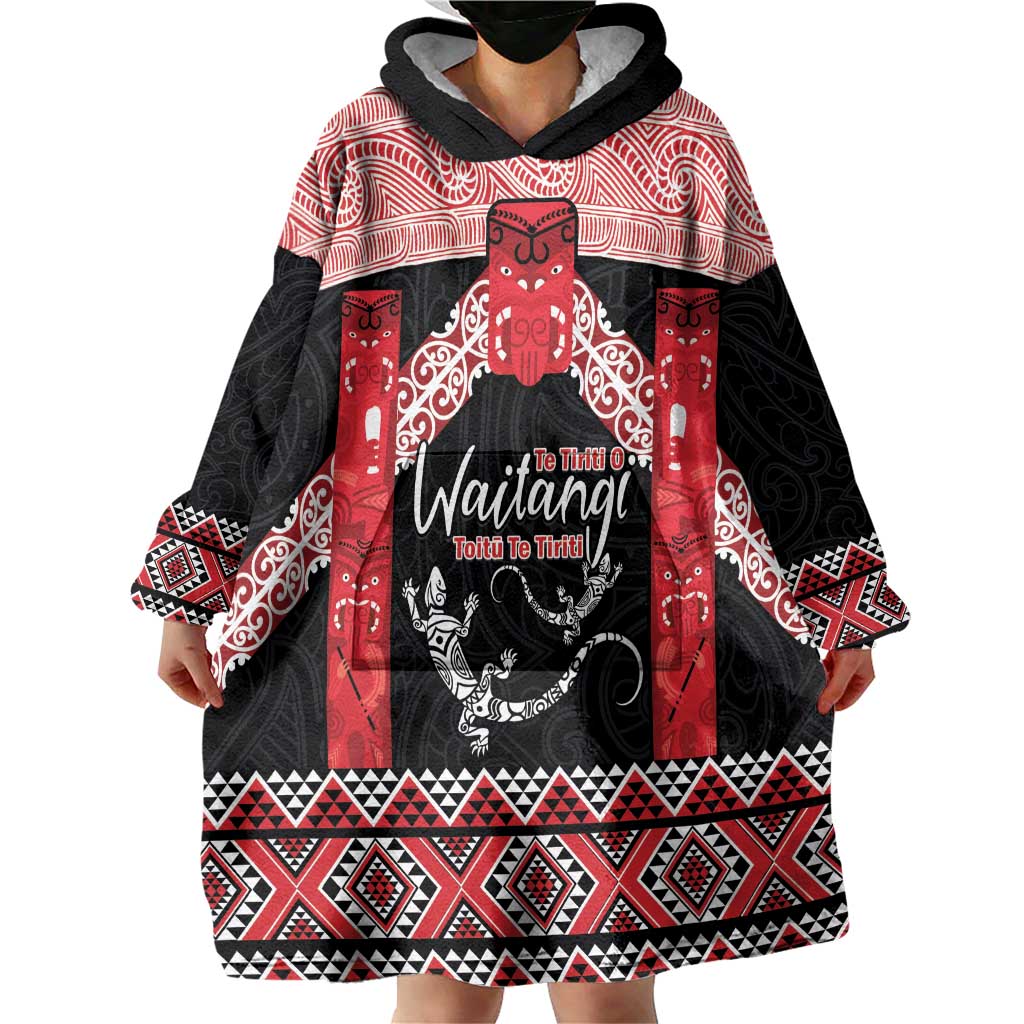 Toitu Te Tiriti O Waitangi Wearable Blanket Hoodie Maori Wharenui With Taniko Motifs - Vibe Hoodie Shop