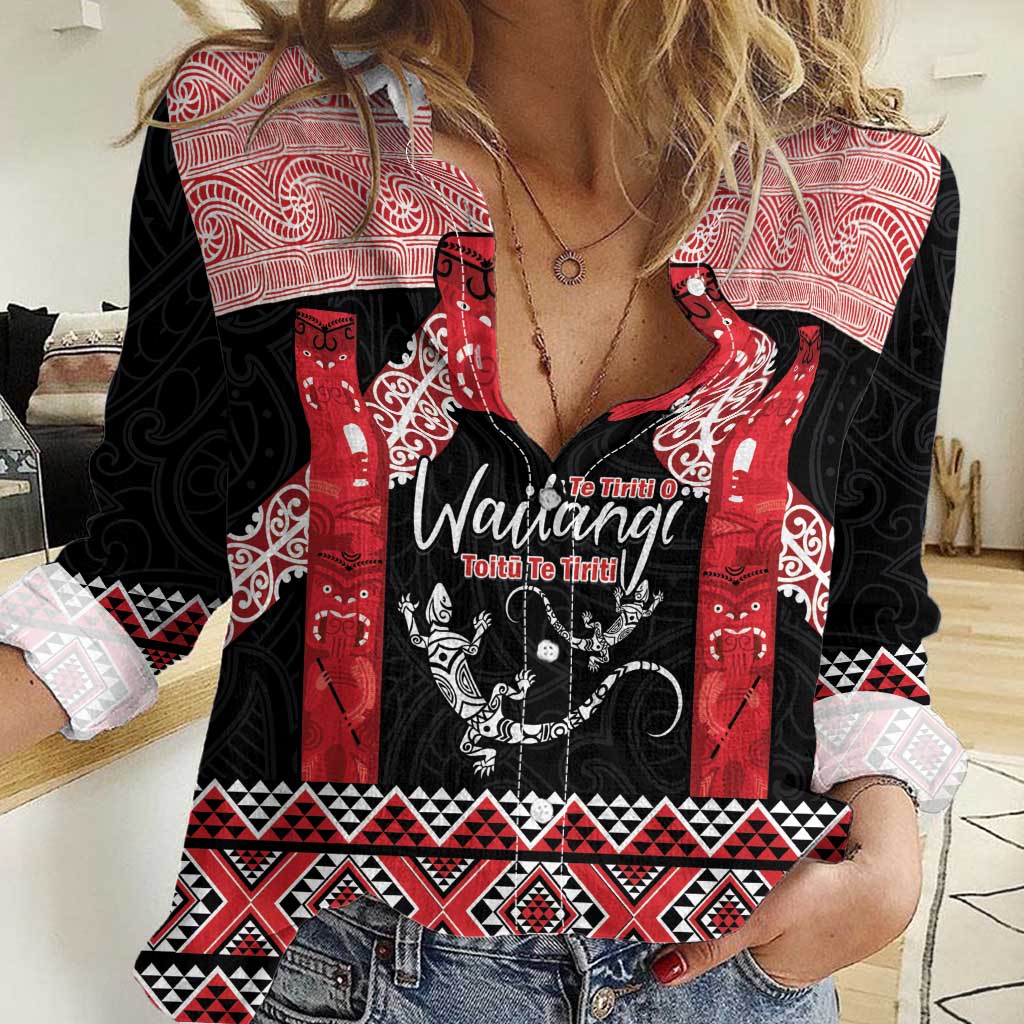 Toitu Te Tiriti O Waitangi Women Casual Shirt Maori Wharenui With Taniko Motifs - Vibe Hoodie Shop