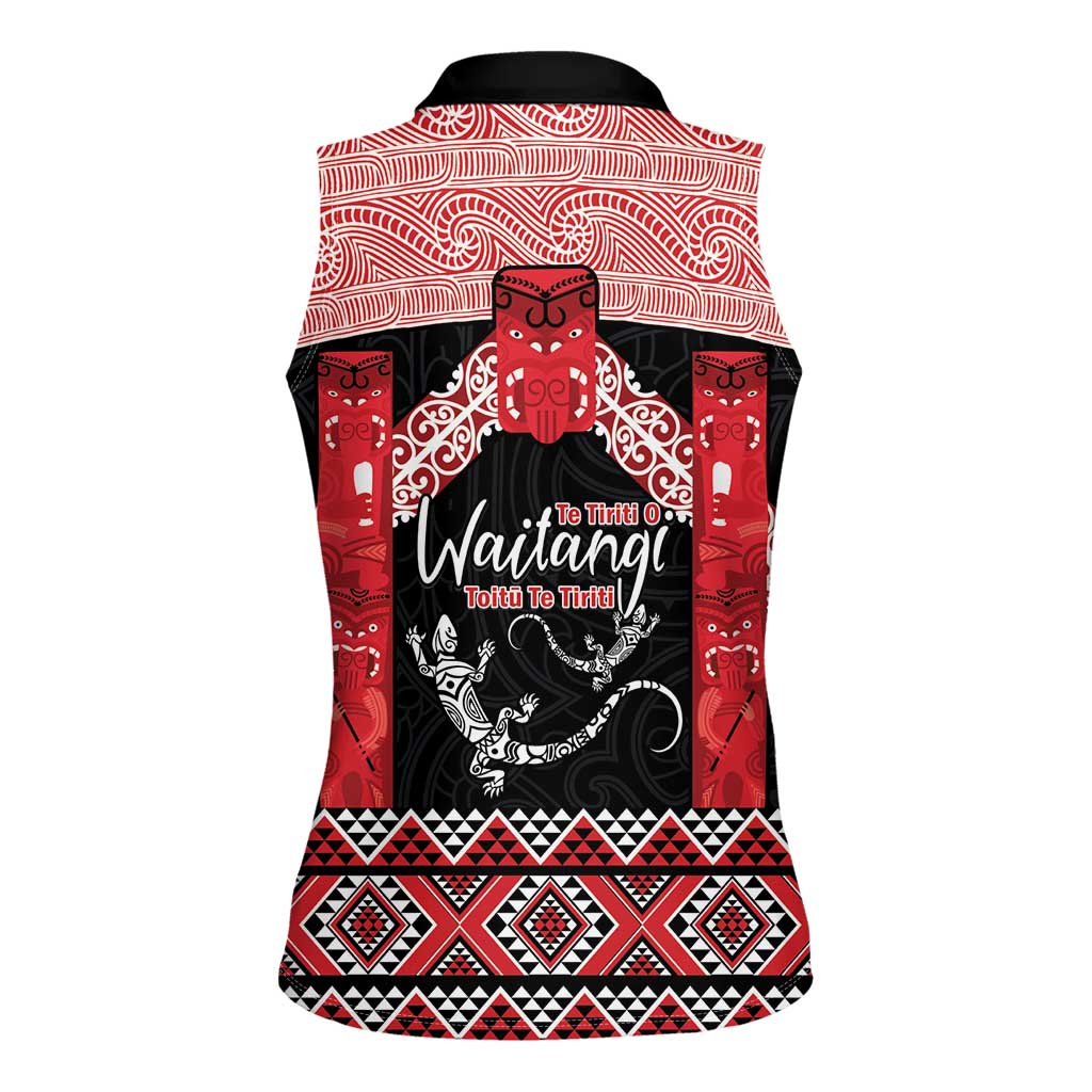 Toitu Te Tiriti O Waitangi Women Sleeveless Polo Shirt Maori Wharenui With Taniko Motifs