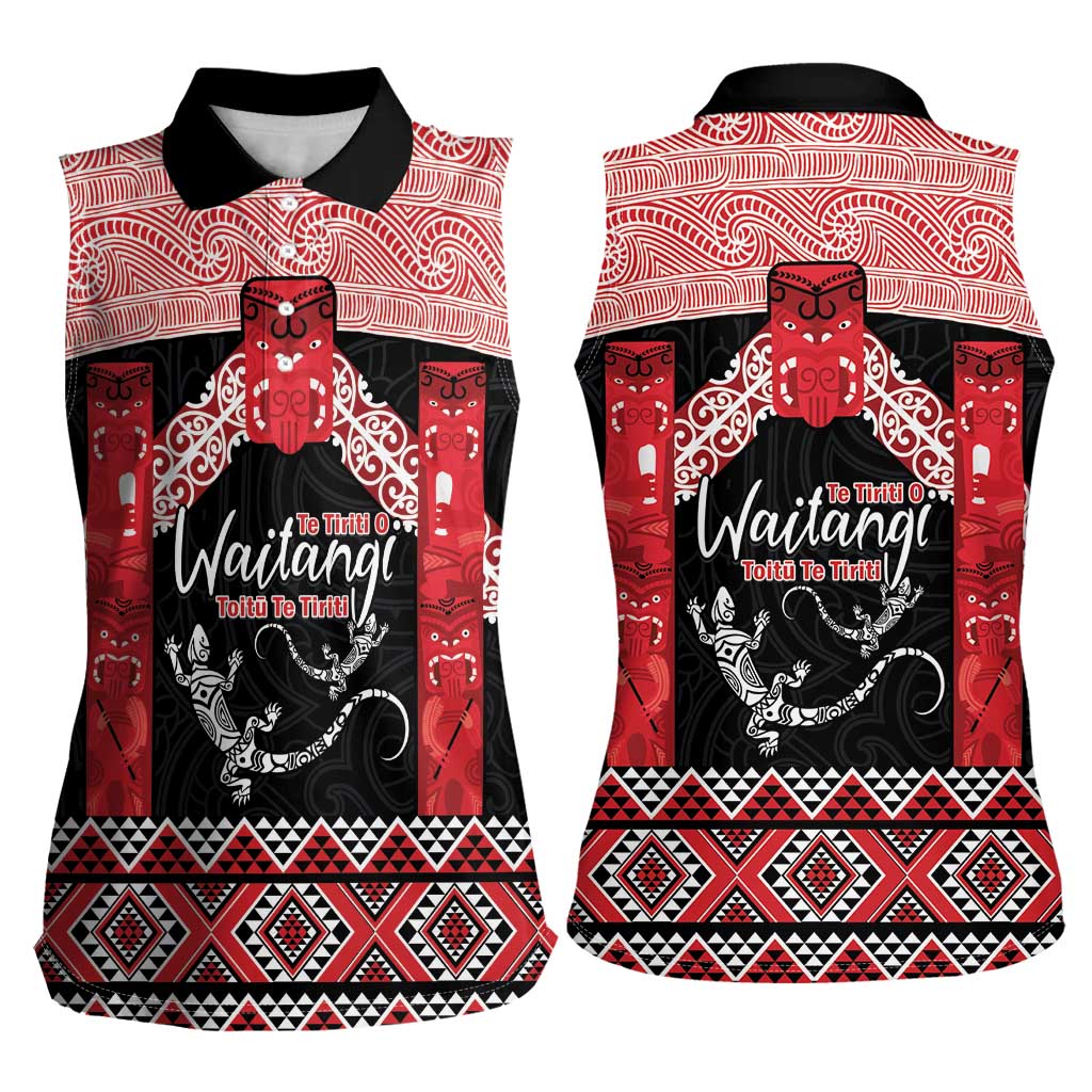 Toitu Te Tiriti O Waitangi Women Sleeveless Polo Shirt Maori Wharenui With Taniko Motifs