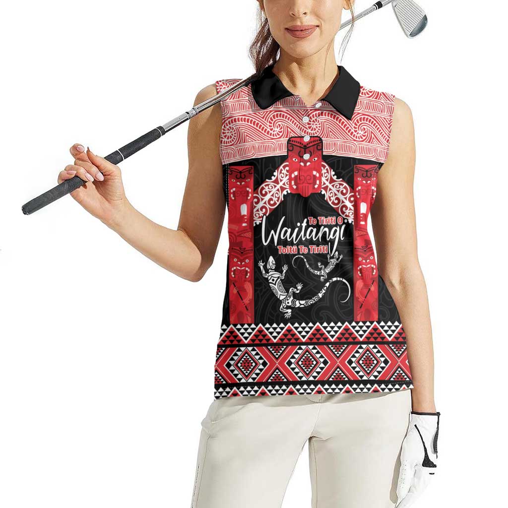 Toitu Te Tiriti O Waitangi Women Sleeveless Polo Shirt Maori Wharenui With Taniko Motifs