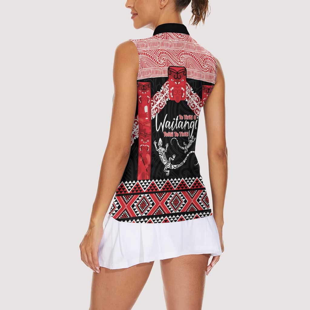 Toitu Te Tiriti O Waitangi Women Sleeveless Polo Shirt Maori Wharenui With Taniko Motifs