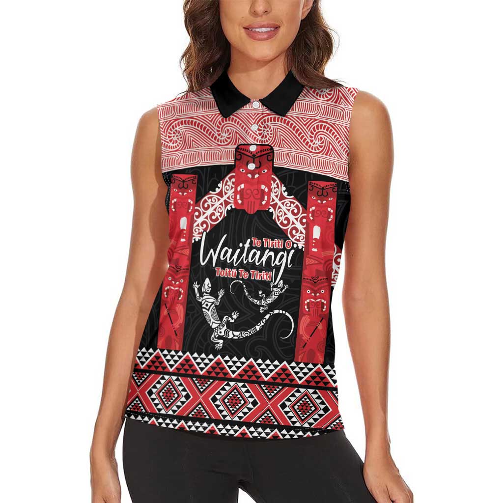 Toitu Te Tiriti O Waitangi Women Sleeveless Polo Shirt Maori Wharenui With Taniko Motifs