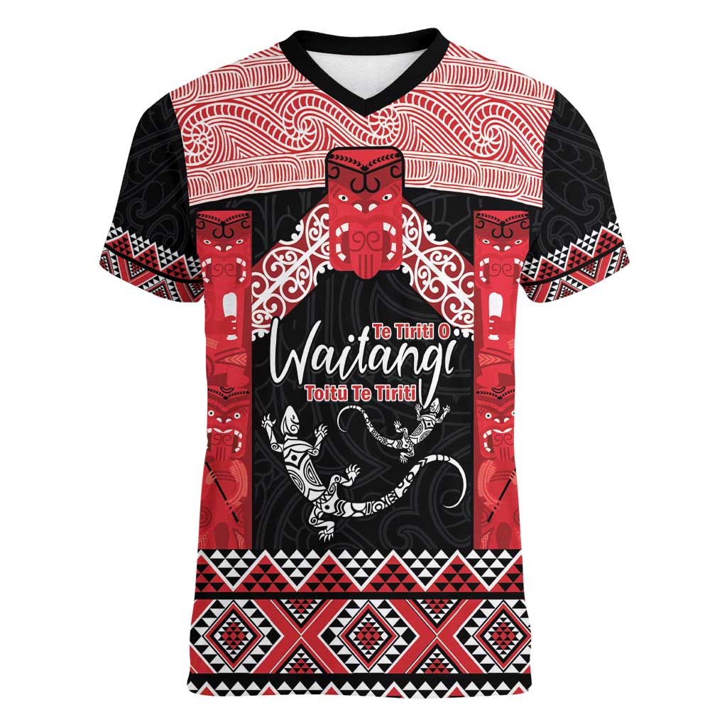 Toitu Te Tiriti O Waitangi Women V-Neck T-Shirt Maori Wharenui With Taniko Motifs - Vibe Hoodie Shop