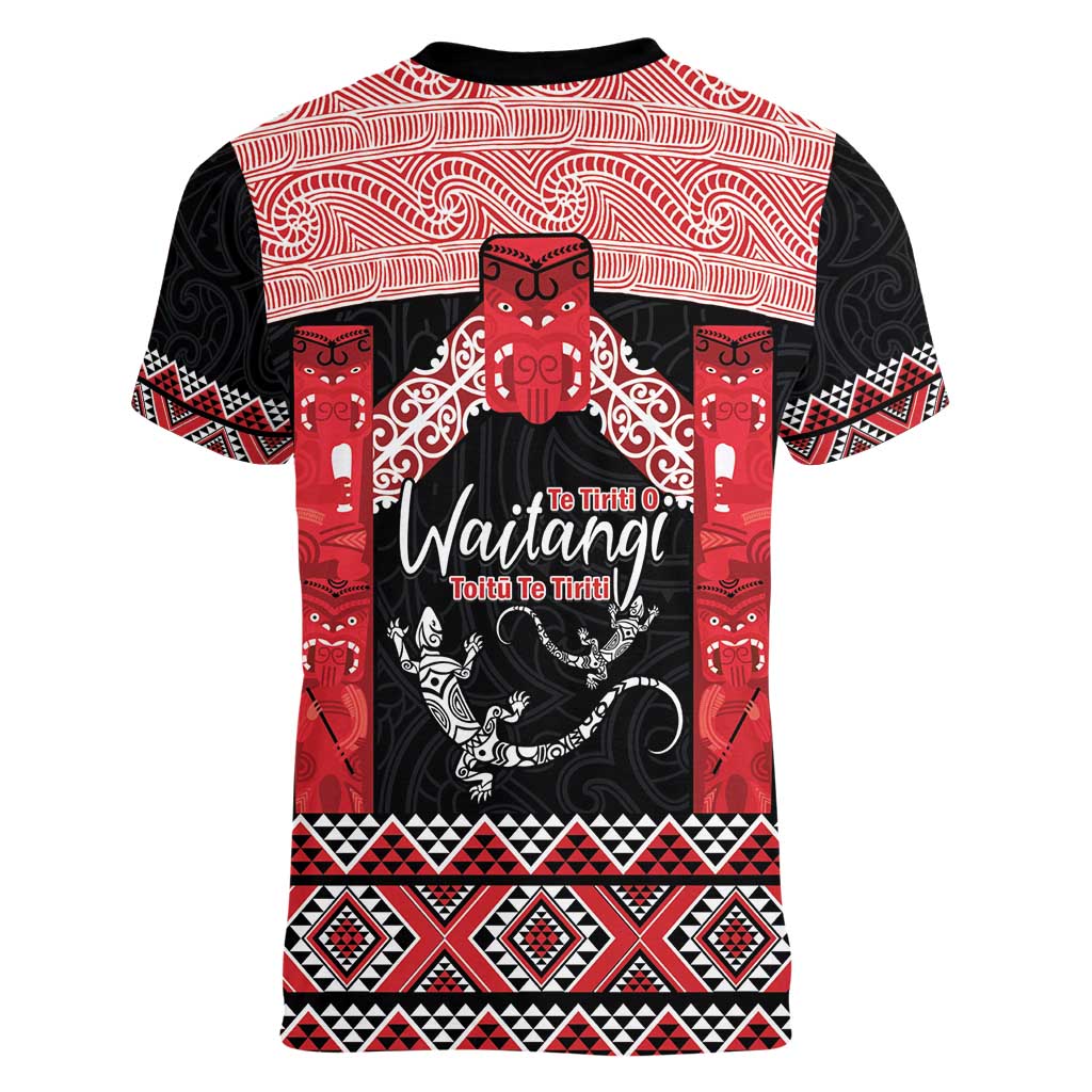 Toitu Te Tiriti O Waitangi Women V-Neck T-Shirt Maori Wharenui With Taniko Motifs - Vibe Hoodie Shop