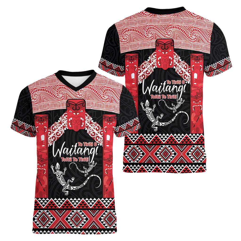 Toitu Te Tiriti O Waitangi Women V-Neck T-Shirt Maori Wharenui With Taniko Motifs - Vibe Hoodie Shop